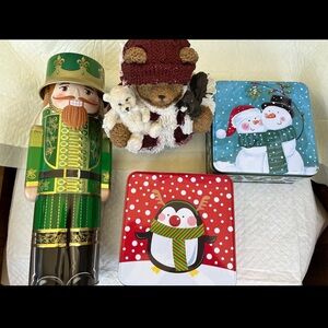 Festive Holiday Tin Set with Nutcracker, Snowman, Penguin and a Ceramic Santa